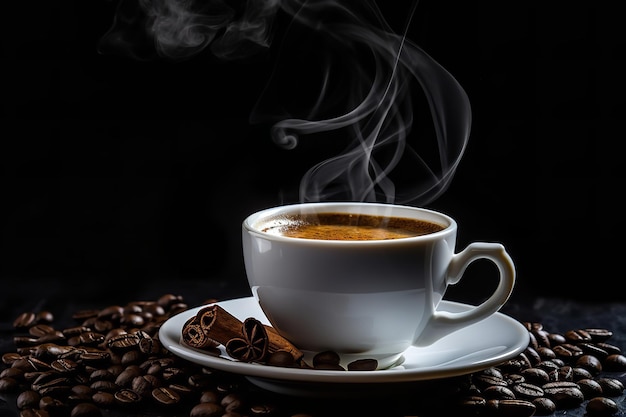 Photo tasse de café avec de la fumée et des grains de café sur fond noir