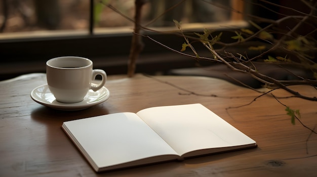 Photo d'une tasse de café et d'un livre ouvert sur une table