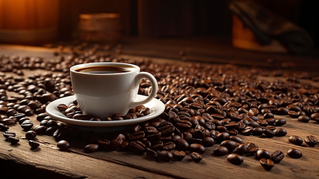 Une photo d'une tasse de café sur une table en bois avec des grains de café dispersés