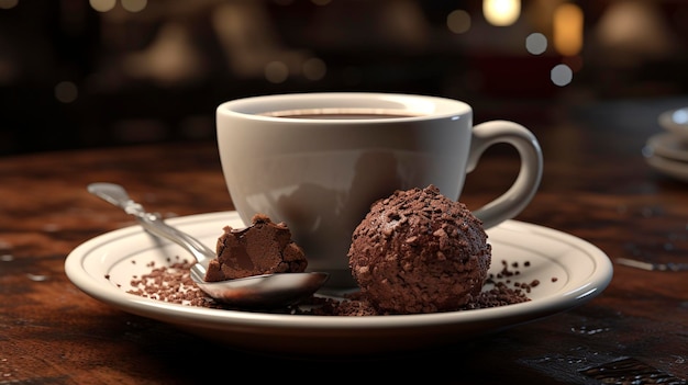 Une photo d'une tasse de café avec une truffe au chocolat