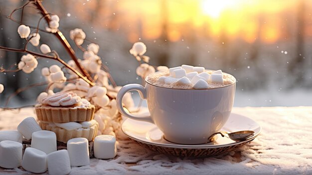 Une photo d'une tasse de chocolat chaud avec des guimauves sur fond d'hiver enneigé