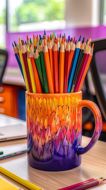 une photo d'une tasse pleine de crayons de couleur sur un bureau d'étudiant et positionnée à droite