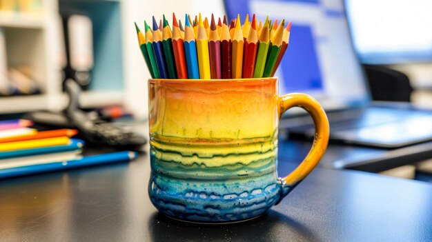 une photo d'une tasse pleine de crayons de couleur sur un bureau d'étudiant et positionnée à droite