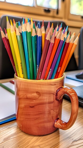 une photo d'une tasse pleine de crayons de couleur sur un bureau d'étudiant et positionnée à droite