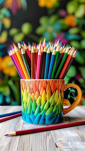 une photo d'une tasse pleine de crayons de couleur sur un bureau d'étudiant et positionnée à droite