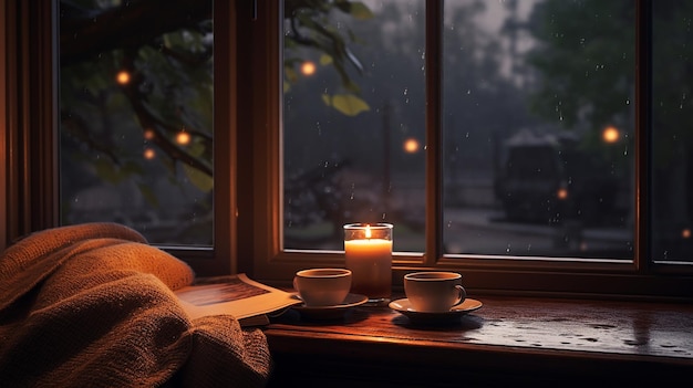 Photo tasse de thé et livre ouvert avec pluie