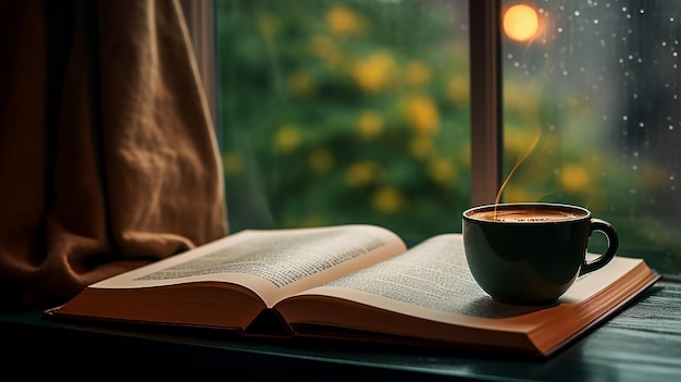 Photo tasse de thé et livre ouvert avec pluie