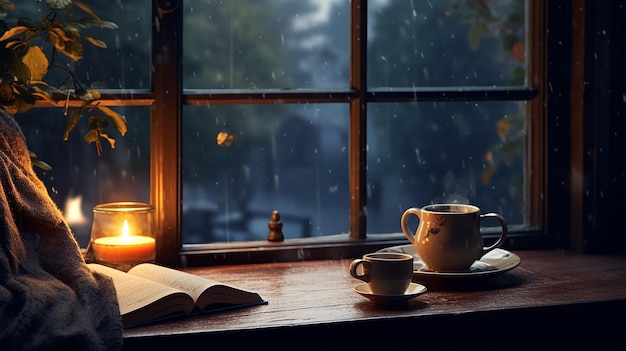 Photo tasse de thé et livre ouvert avec pluie