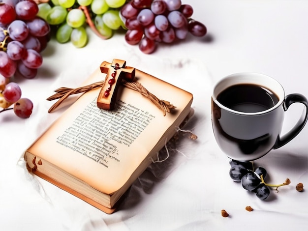 Photo de tasses de pain, raisins et croix sur livre sur fond blanc vue supérieure