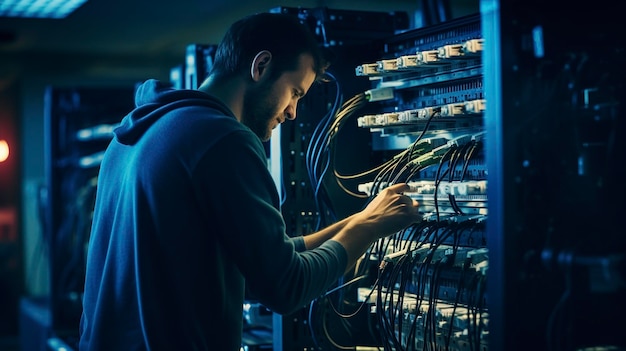 Une photo d'un technicien configurant des commutateurs réseau