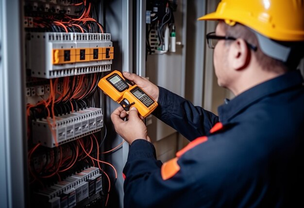 Photo d'un technicien en électricité travaillant avec des fusibles et un tableau de multimètres numériques