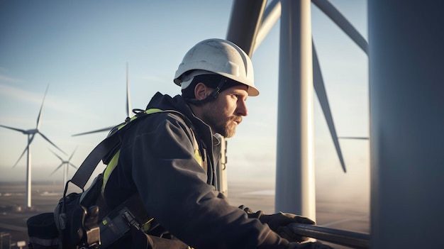 Une photo d'un technicien en énergie éolienne au travail