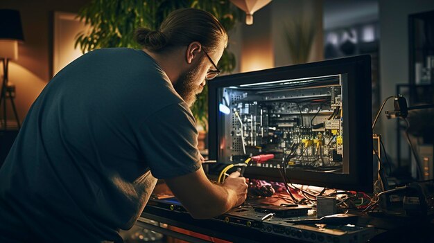 Photo une photo d'un technicien réparant un écran plat