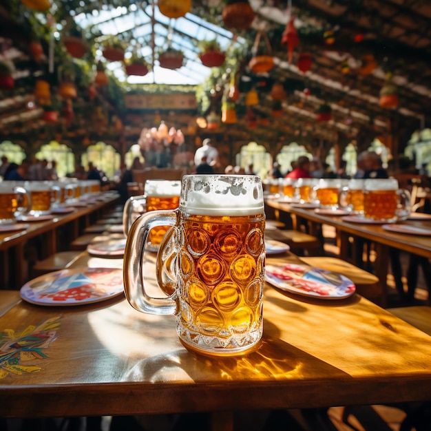 photo d'une tente à bière bavaroise avec des verres à bière bavarois remplis de bière sur les tables