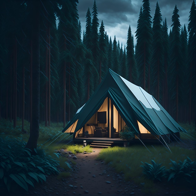 Photo d'une tente brillante sous les étoiles dans une forêt paisible la nuit AI