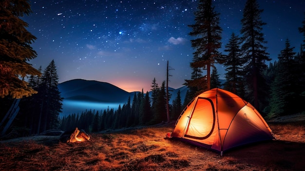 Une photo d'une tente de camping et d'un feu de camp dans une forêt