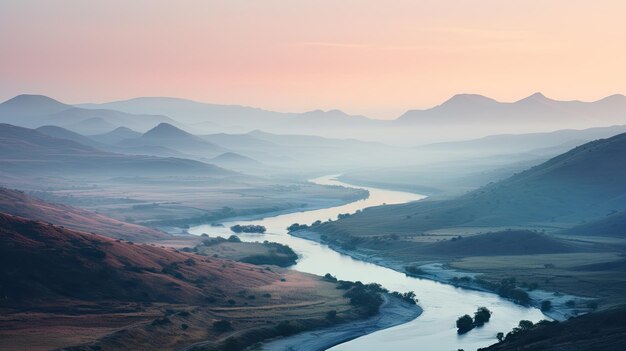 Une photo d'un terrain vallonné avec une rivière sinueuse et une lumière matinale douce