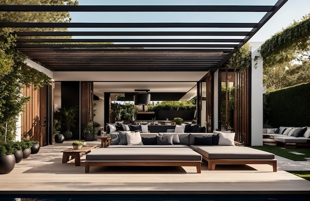 Photo d'une terrasse extérieure relaxante avec des sièges confortables et une piscine étincelante