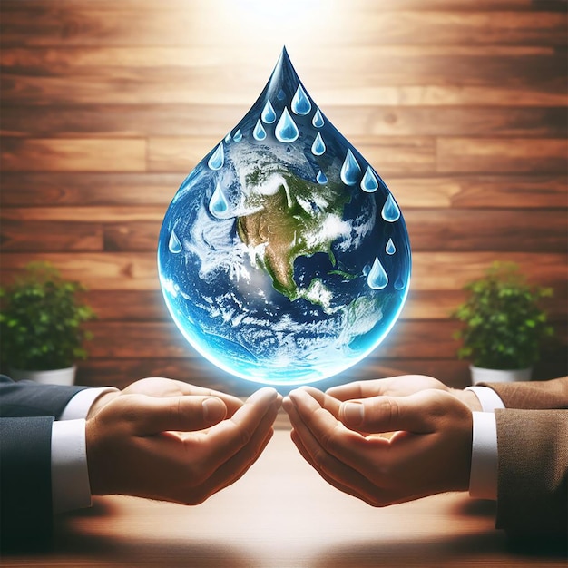 Photo de la terre en forme de goutte de deux mains lors de la conférence sur le changement climatique de la journée mondiale de l'eau