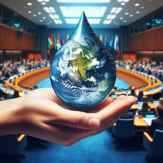 Photo de la terre en forme de goutte de deux mains lors de la conférence sur le changement climatique de la journée mondiale de l'eau