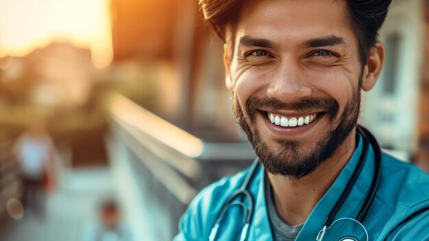 Une photo de la tête d'un beau médecin souriant