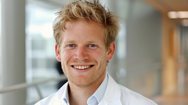 Une photo de la tête d'un chercheur scientifique souriant