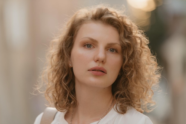 Une photo de tête d'une femme aux cheveux bouclés dans une vieille ville européenne