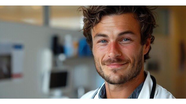 Une photo de tête d'un vétérinaire souriant