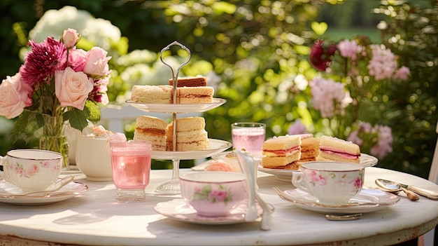 une photo d'un thé anglais de l'après-midi au fond du jardin lumière douce de l' après-midi