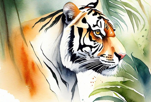 Photo d'un tigre aquarelle réel avec une forêt en arrière-plan