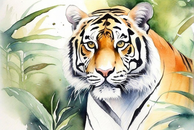 Photo d'un tigre aquarelle réel avec une forêt en arrière-plan
