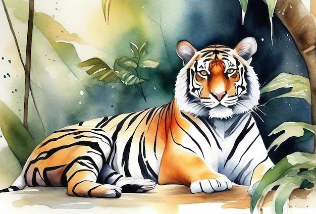 Photo d'un tigre aquarelle réel avec une forêt en arrière-plan