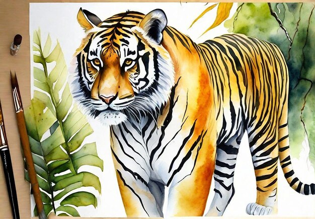 Photo d'un tigre aquarelle réel avec une forêt en arrière-plan