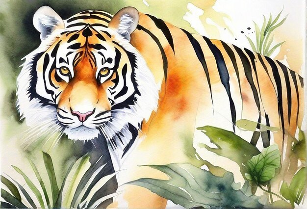 Photo d'un tigre aquarelle réel avec une forêt en arrière-plan