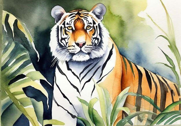 Photo d'un tigre aquarelle réel avec une forêt en arrière-plan