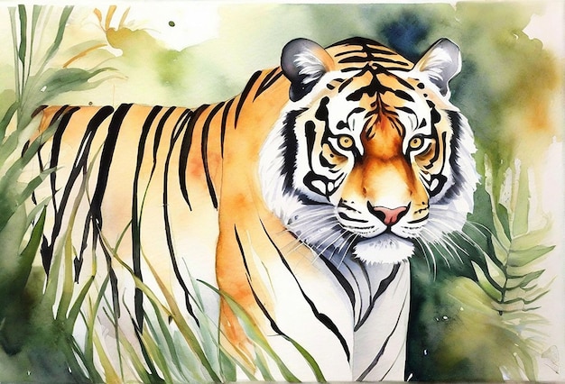 Photo d'un tigre aquarelle réel avec une forêt en arrière-plan