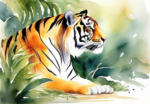 Photo d'un tigre aquarelle réel avec une forêt en arrière-plan