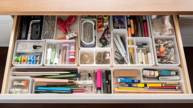 Une photo d'un tiroir de bureau organisé avec des articles de papeterie et des fournitures bien rangés