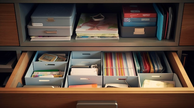 Une photo d'un tiroir rempli de fournitures de bureau