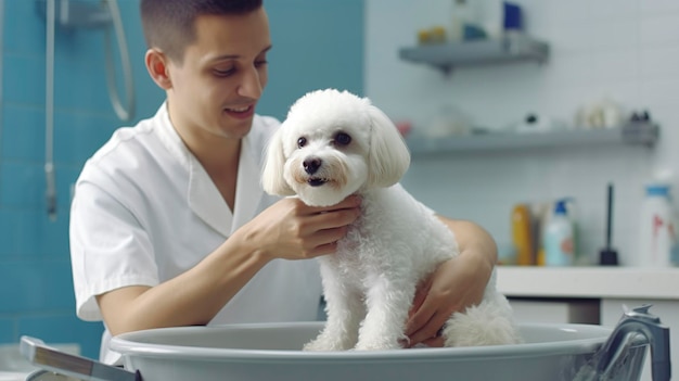 Une photo d'un toiletteur dorlotant un animal de compagnie avec des services de toilettage