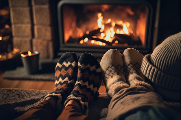 Photo tonique de quelques pieds portant des chaussettes chaudes allongées sous une couverture près de la cheminée en feu