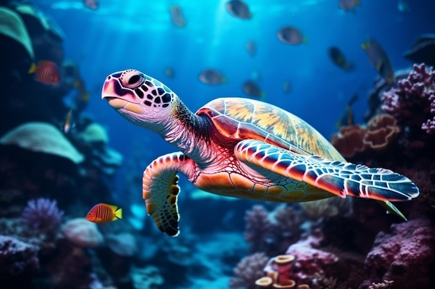 photo tortue de mer sous l'eau vie marine naturelle avec des coraux