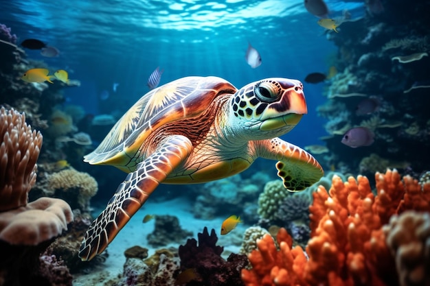 photo tortue de mer sous l'eau vie marine naturelle avec coraux