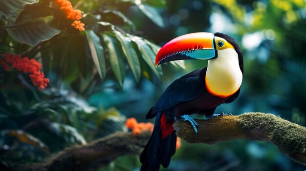 Une photo d'un toucan coloré perché