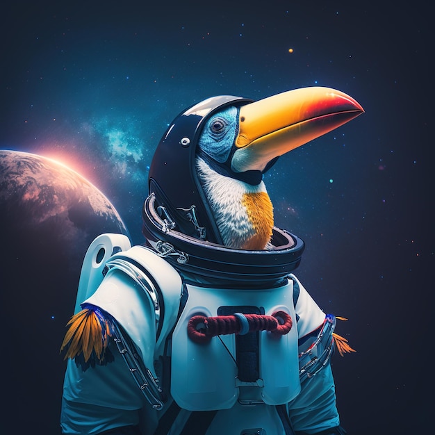 Photo d'un toucan en combinaison spatiale avec planète en arrière-plan