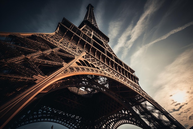 Une photo de la tour eiffel vue d'en bas