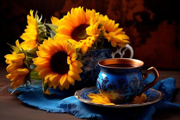 Photo de tournesols et d'une tasse de thé