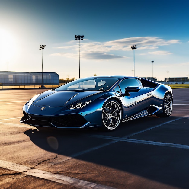 photo d'une toute nouvelle lamborghini huracan bleu métallisé foncé debout sur une journée ensoleillée d'aérodrome vide