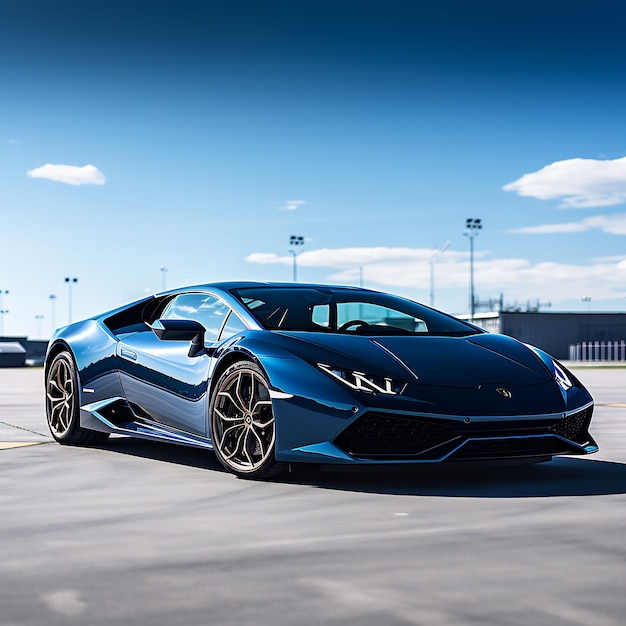 photo d'une toute nouvelle lamborghini huracan bleu métallisé foncé debout sur une journée ensoleillée d'aérodrome vide