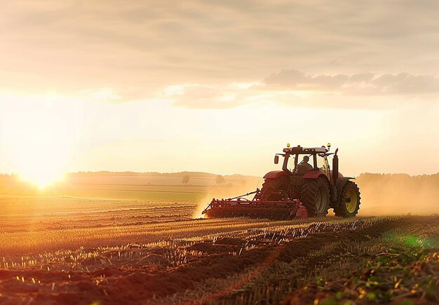 Photo photo d'un tracteur dans un champ avec le coucher de soleil en arrière-plan agriculture et l'agriculture